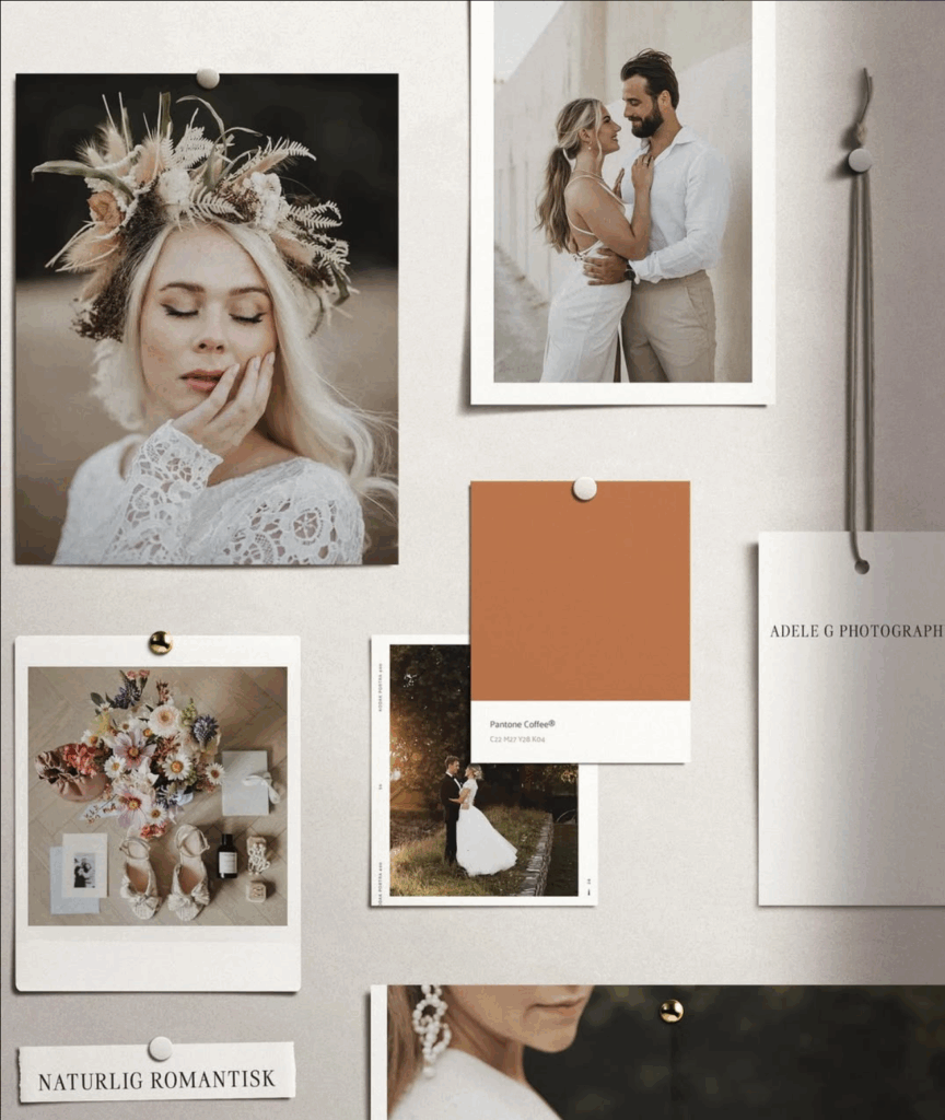 Collage of romantic wedding photos and floral details.