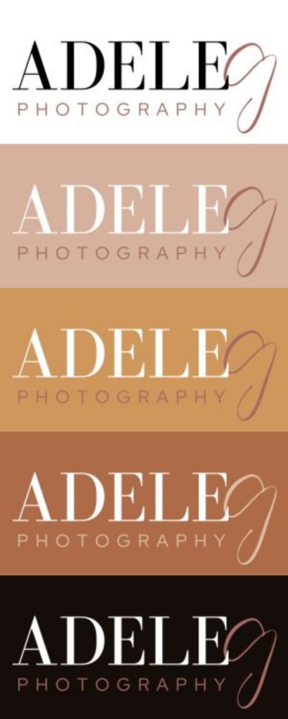 Adele Photography logo in various color schemes.