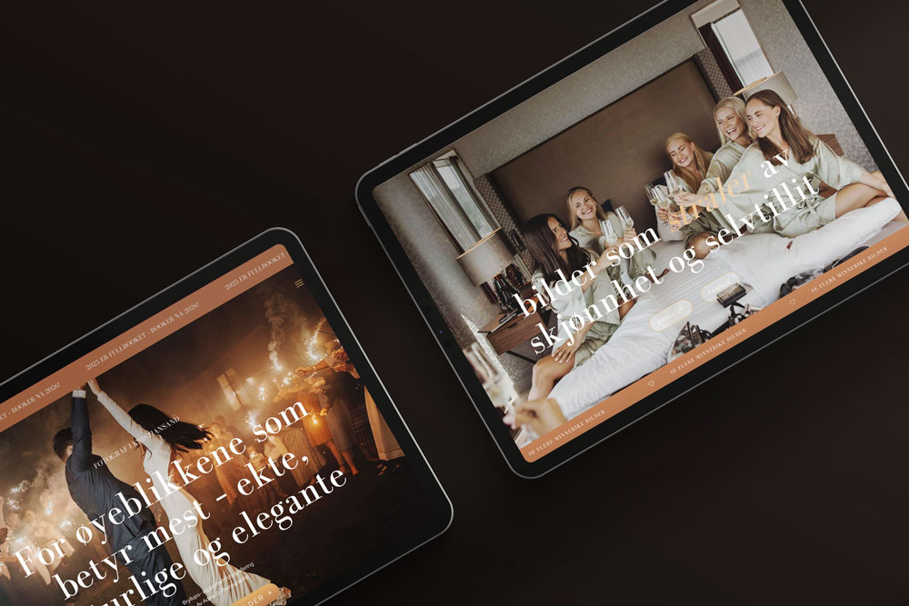 Two tablets showing wedding and celebration images.