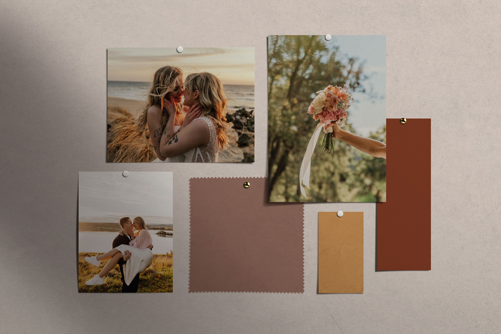 Romantic couples and floral bouquet mood board.