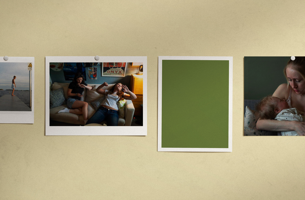 Photo collage with people against beige wall.