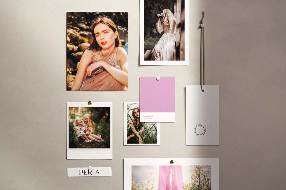 Collage of photos and color swatches with 'Perla' tag.