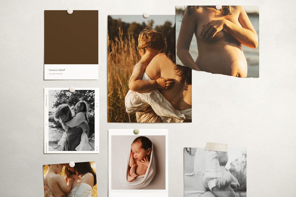 Collage of mothers, children, and baby, warm tones.