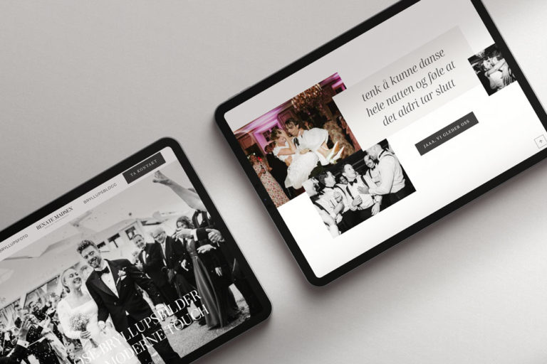Two tablets displaying elegant wedding photography website.