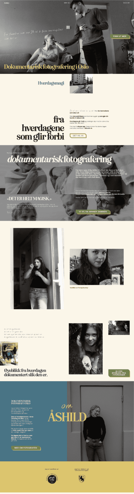 Documentary family photography website layout with black-and-white images