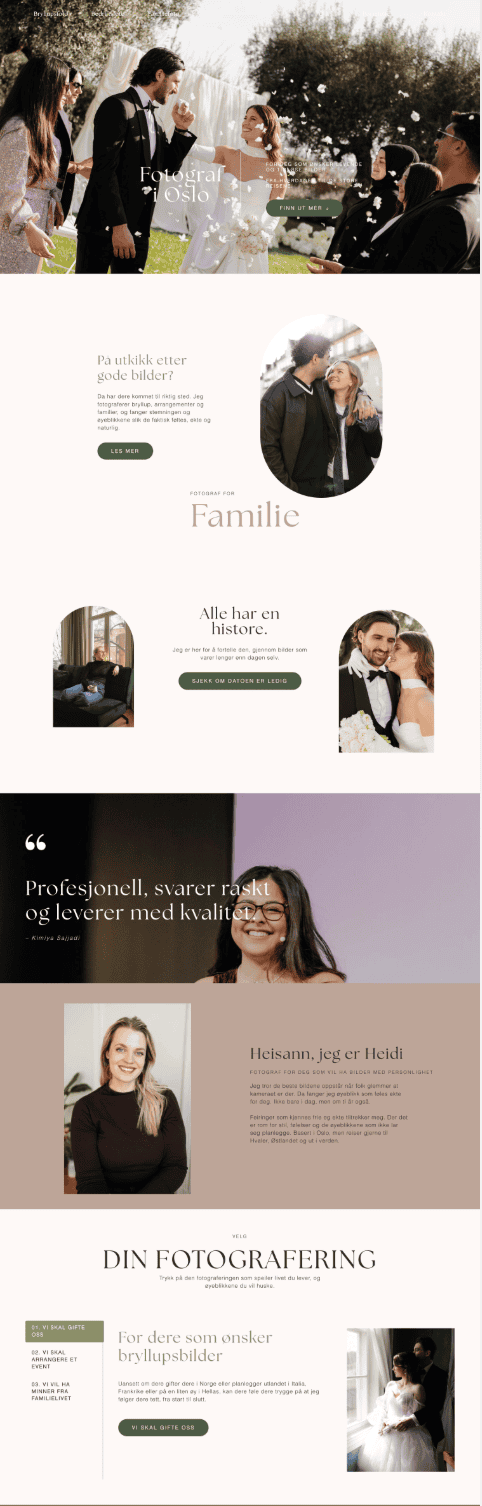 Wedding photographer website with outdoor bride and groom