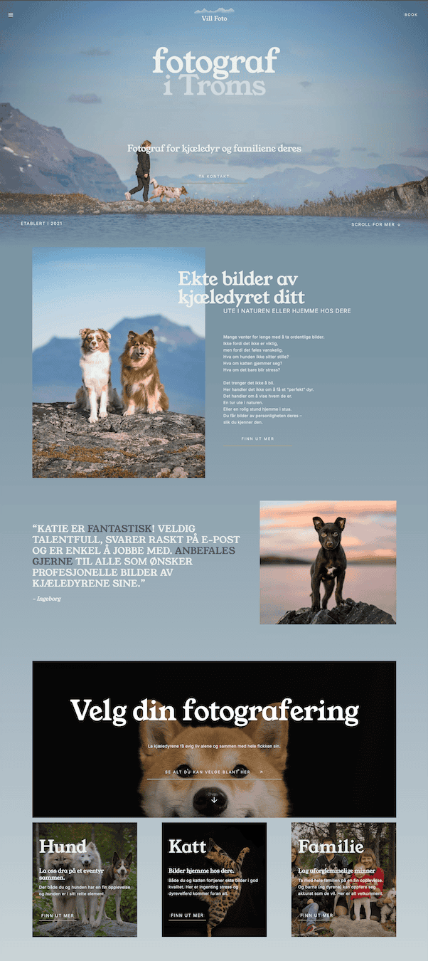 Pet photography website featuring dogs in mountain landscape